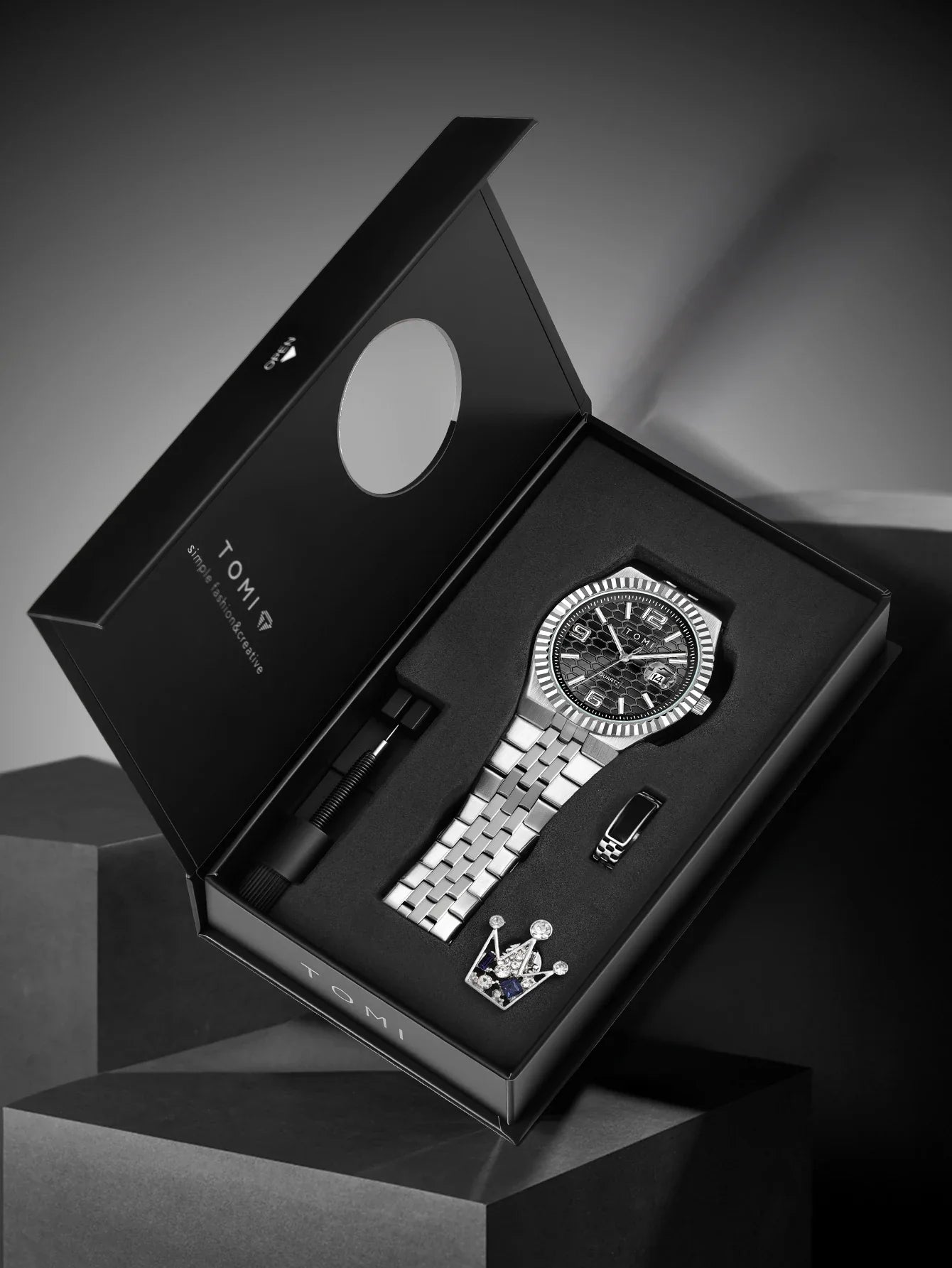 Luxury Men's Watch Steel Band, Calendar, Multi-function Quartz Watch, Ring, Cufflink Gift Box Set.
