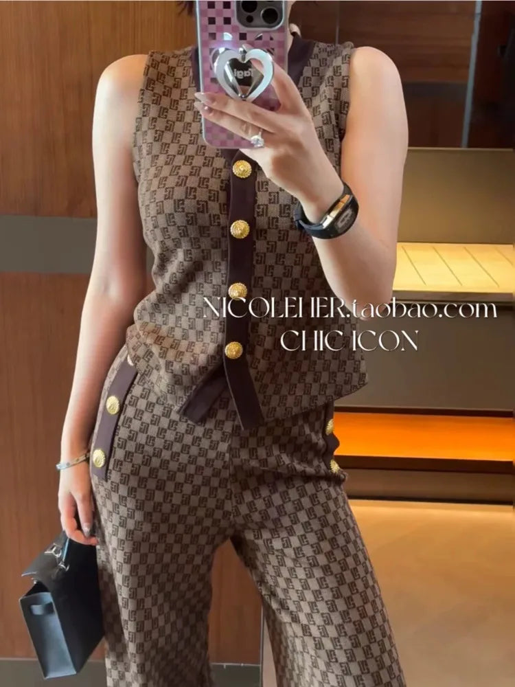 New French Style Women Pant Suit Jacquard Knit Top + Vest + Long Pant Three Piece High Quality Elegant Casual Chic Sweater Sets