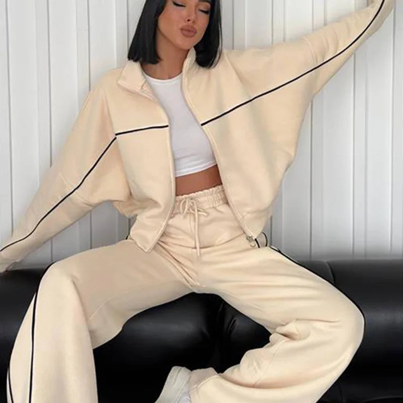 2026 New Cross-Border European American Amazon Casual Set: Long-Sleeve Semi-High-Neck Cardigan Sweatshirt With Tie And Striped