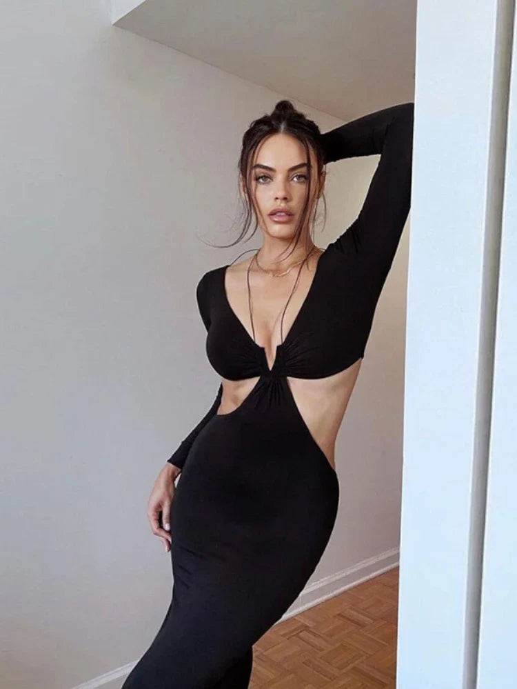 061 Long Sleeve Halter Sexy Cut Out Black Maxi Dresses Slim Outfits Split Long Skinny Clothes