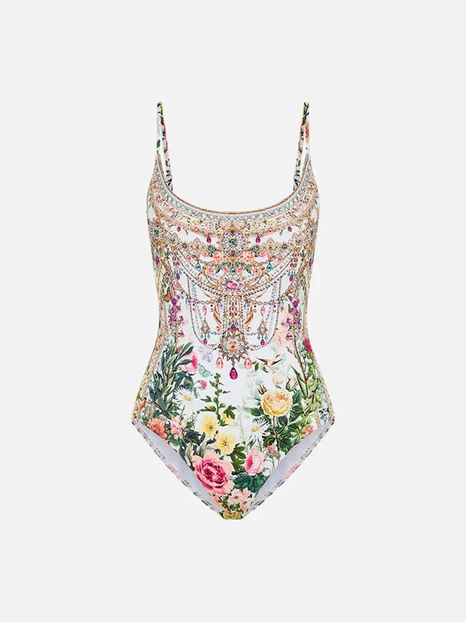 Fashion Floral Print Vintage Elegant Oil Print One Piece Women's Bikini Swimsuit U Neck Backless With Long Cover Up 2024 Summer