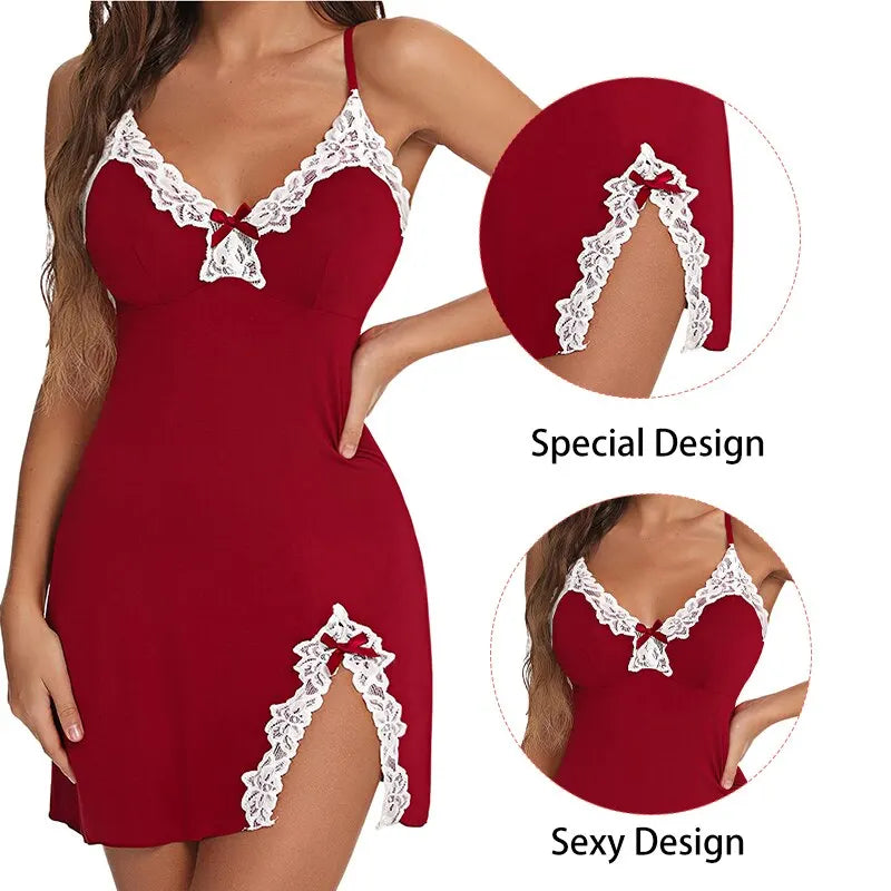 Sexy Sleepwear Women Lace Silk Satin V-Neck Nightgown