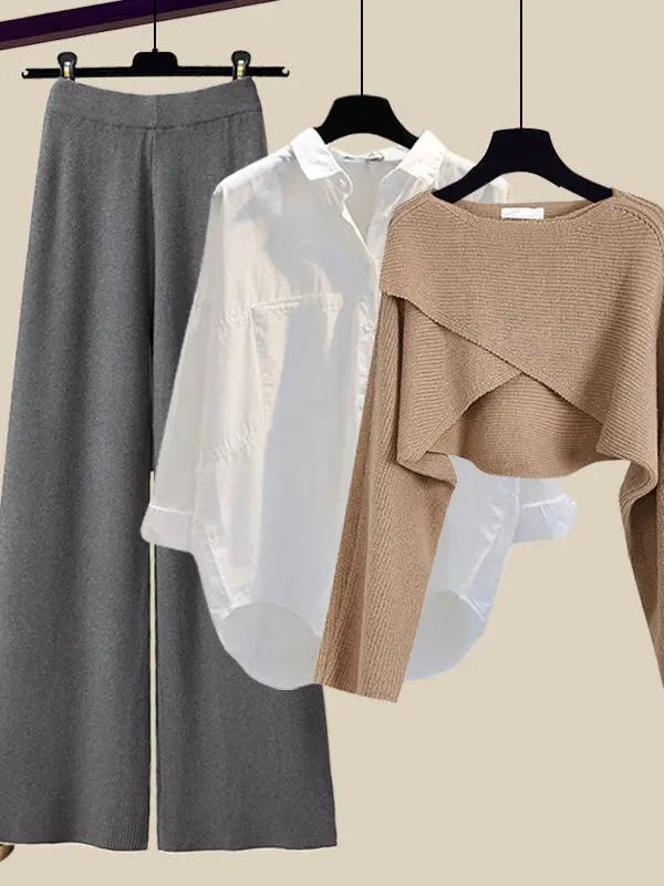 Fall Winter Knitwears 3 Pieces Set For Women Plaid Knitted Vest+solid Blouse+wide Leg Knitting Pants Sets Women Outfits 2024