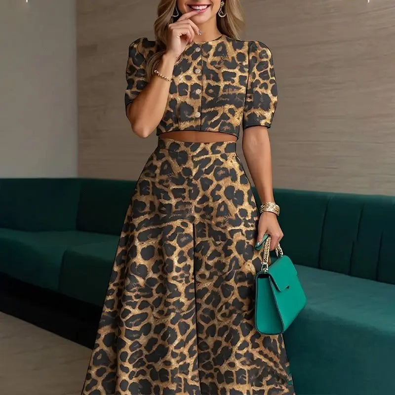 Women Elegant Solid Two Piece Sets Summer Short Sleeve Button-down Crop Blouse Top High Waist Wide-leg Pants Set Casual Outfits