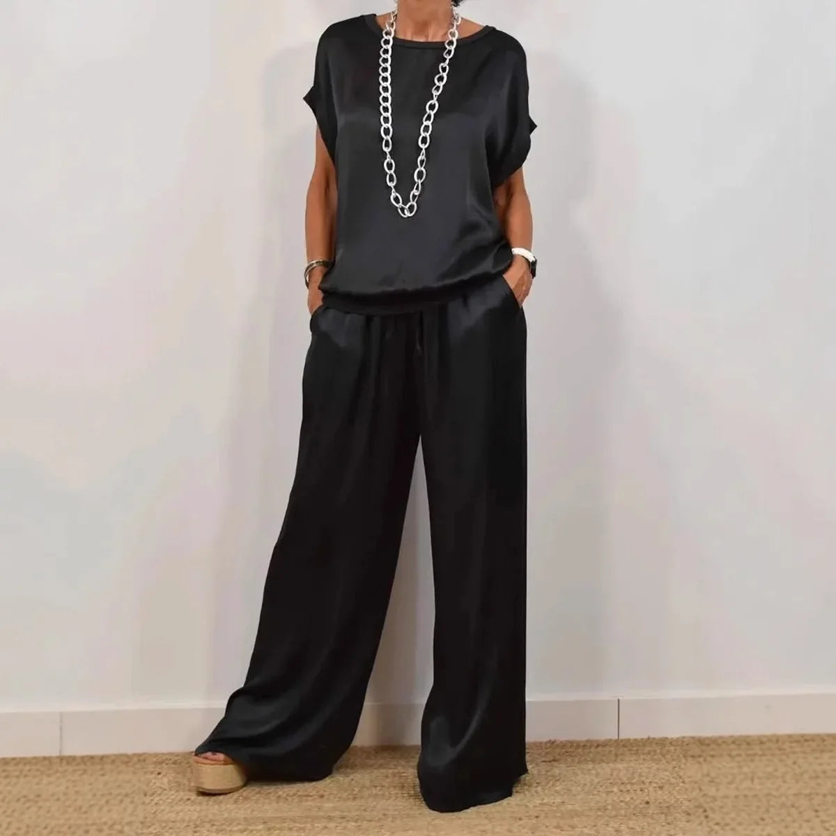 Casual Loose Satin T Shirt Pants Two Piece Sets Women Fashion O-neck Short Sleeve T Shirts Suit Spring Summer Wide Leg Pant Sets