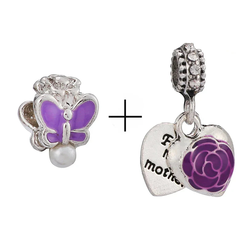 BRACE CODE 2Pcs/Lot Pan Spring New Purple Charm Love Floral Diy Beads Pendant Making Men's Women's Children's Fine Bracelets