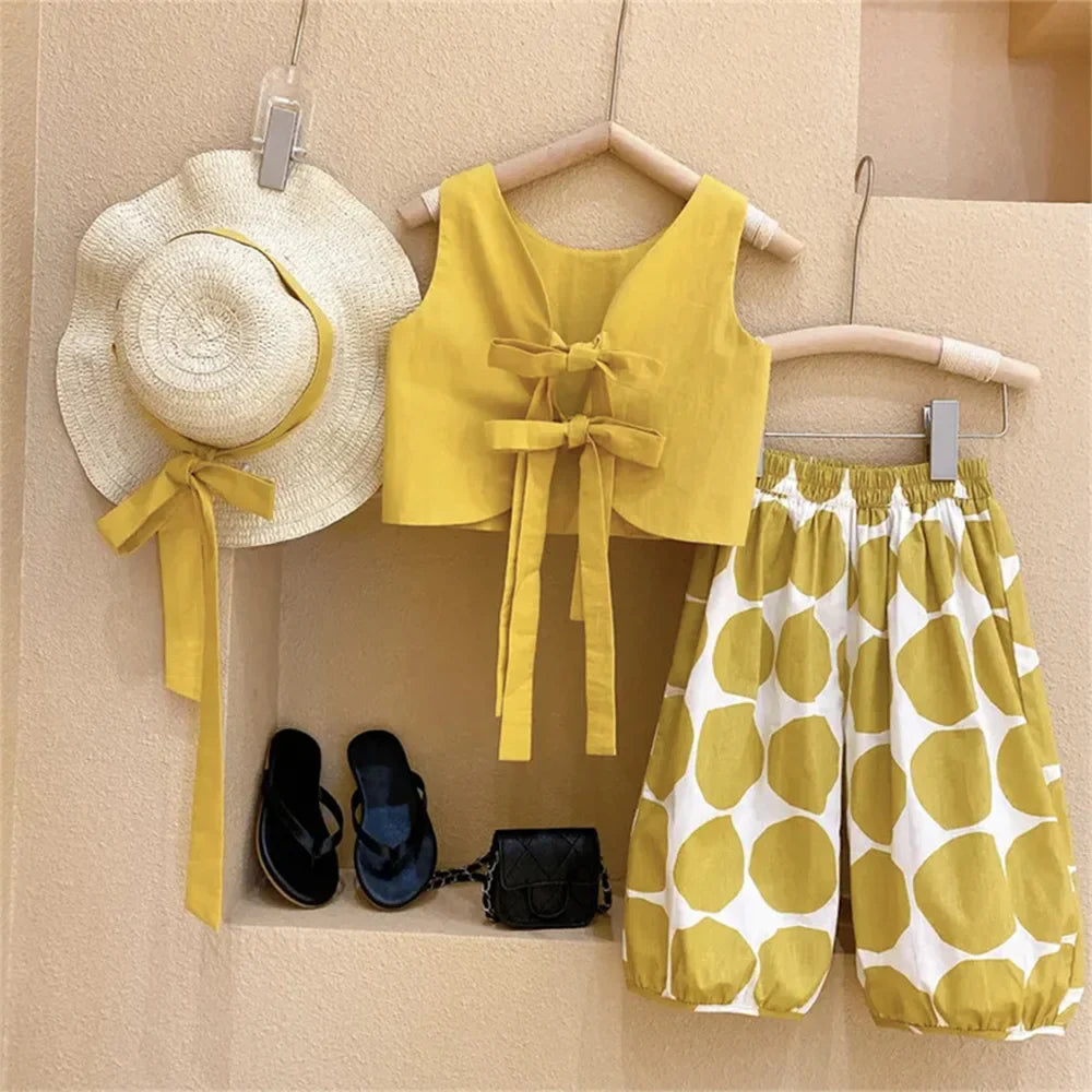 Melario Cotton Girls Clothing Sets Summer Vest Two Piece Sleeveless Children Sets Fashion Girls Clothes Suit Casual Dot Outfits