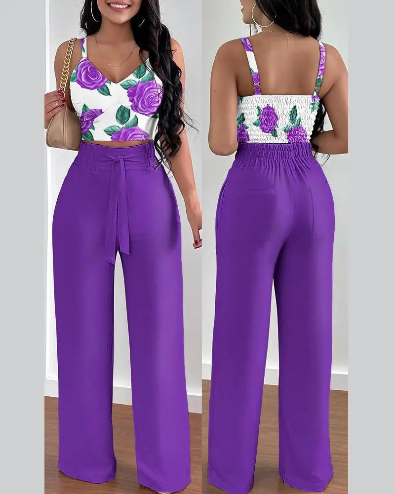 2 Piece Outfits For Women 2025 Sexy V-Neck Strap Shirred Slim Crop Top & Lace-up Wide Leg Pants Sets.