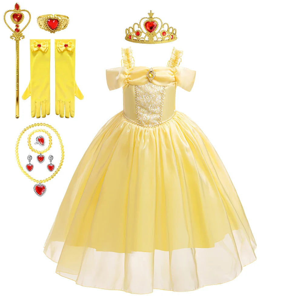 Halloween Girls Princess Belle Dress Up Evening Party Yellow Shoulderless Elegant Long Dresses Beauty Beast Fairy Costume Wig