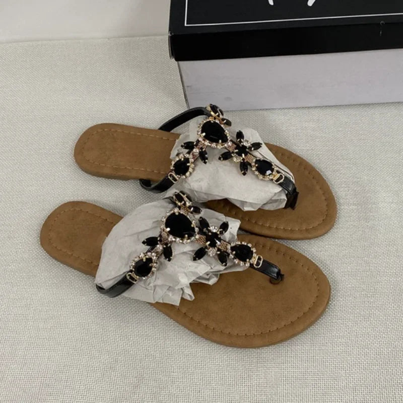 2024 Trendy Summer Women's Shoes Large Size Beautiful Crystal Shiny Flat with Female Sandals  Bohemia Back Strap Footwear