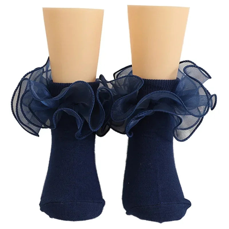 1 Pair Girls' Puffy Lace Socks Children's Combed Cotton Lace Socks