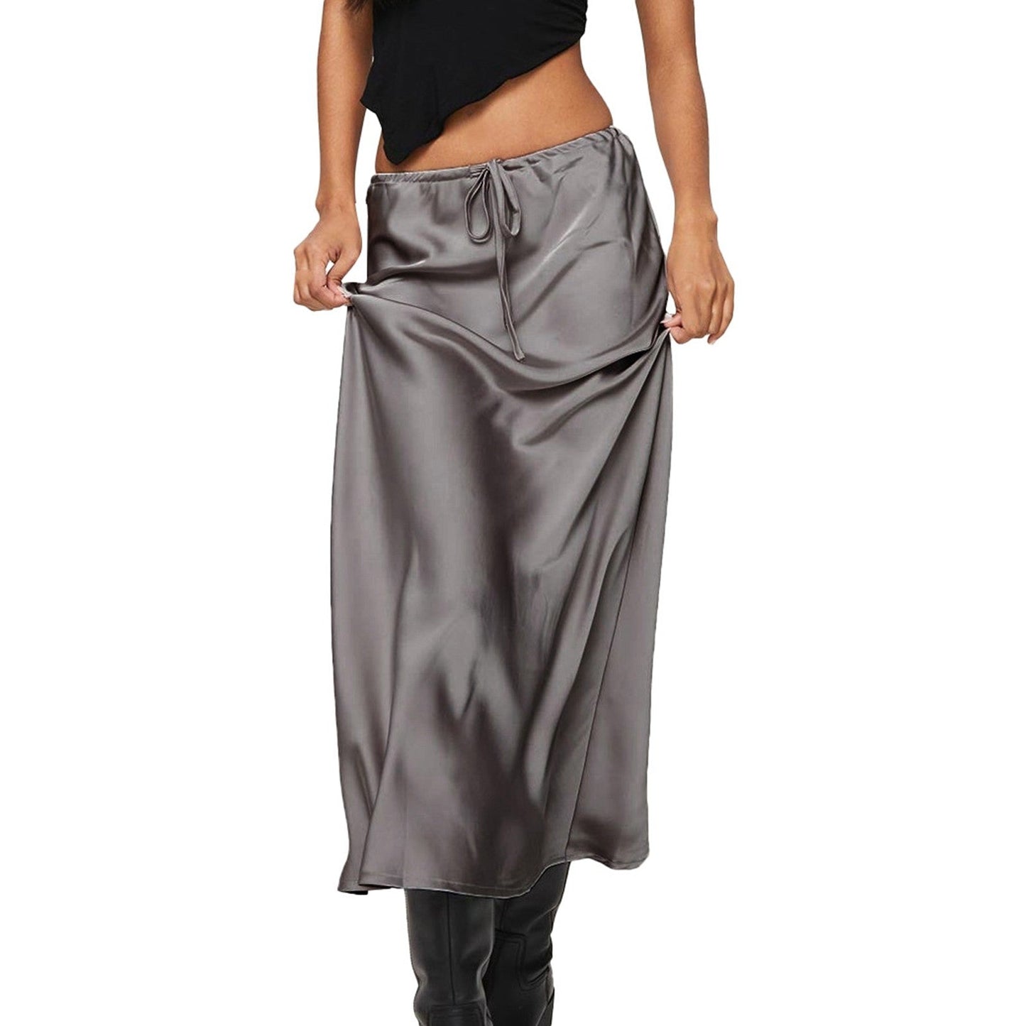 Women'S Solid Color Satin Long Dress High Waist Drawstring Dress Maternity Skirts Reflective Dress Trailing Dress Ropa De Mujer