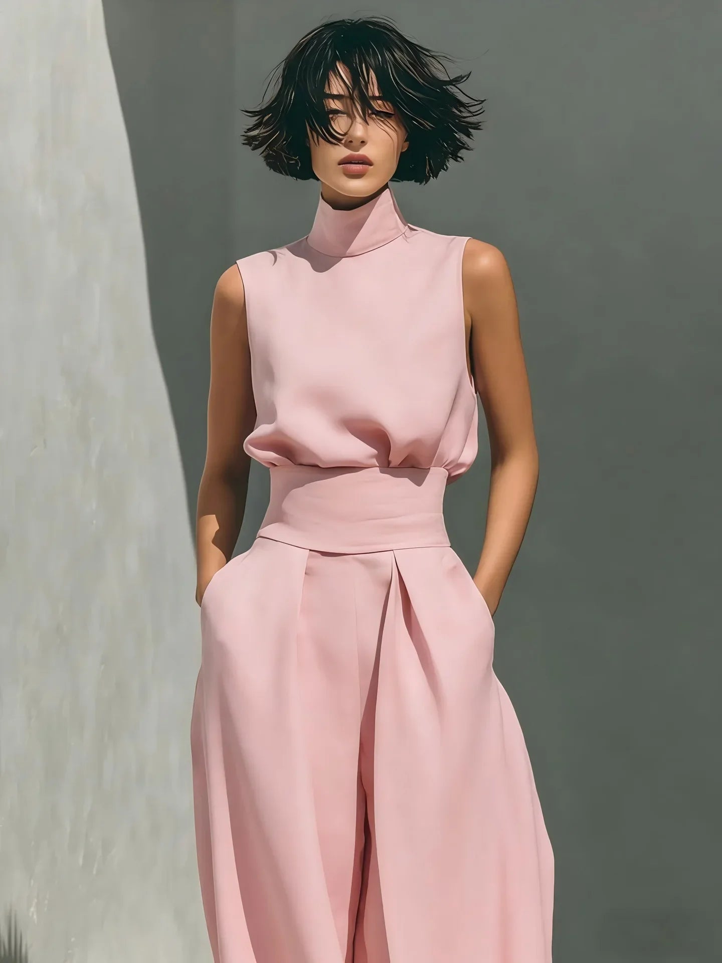 Women's Elegant Commuting Two-piece 2026 Fashionable High Neck Sleeveless Top Paired With Casual High Waisted Wide Leg Pants Set