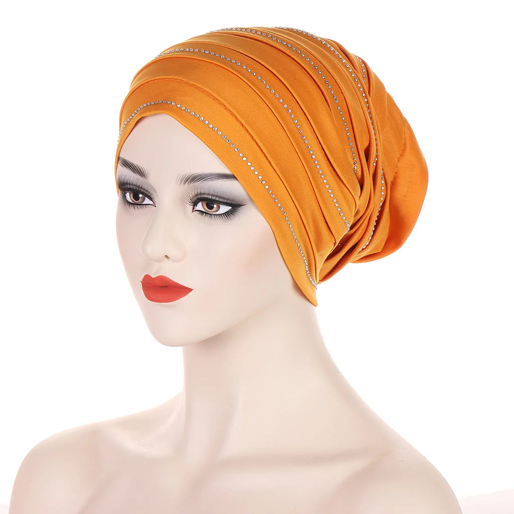 2024 New Rhinestones Women's Pleated Turban Cap Candy Color African Hat Nigeria Geles Muslim Headscarf Bonnet Ladies Head Wraps