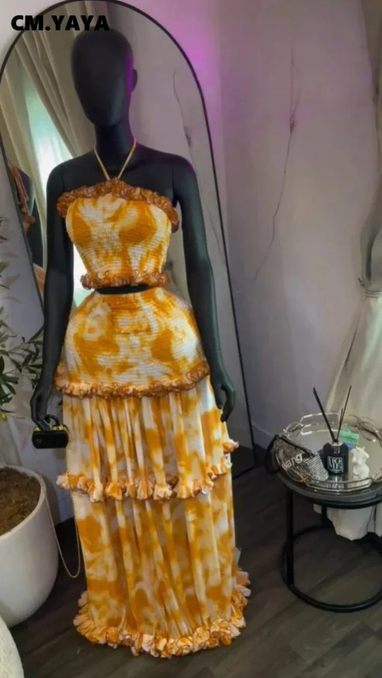 CM.YAYA Women Set Tie Dye Print Sleeveless Halter Crop Tops +Ruffles Long Skirt 2026 Summer Beach Vacation Two Piece Set Outfits