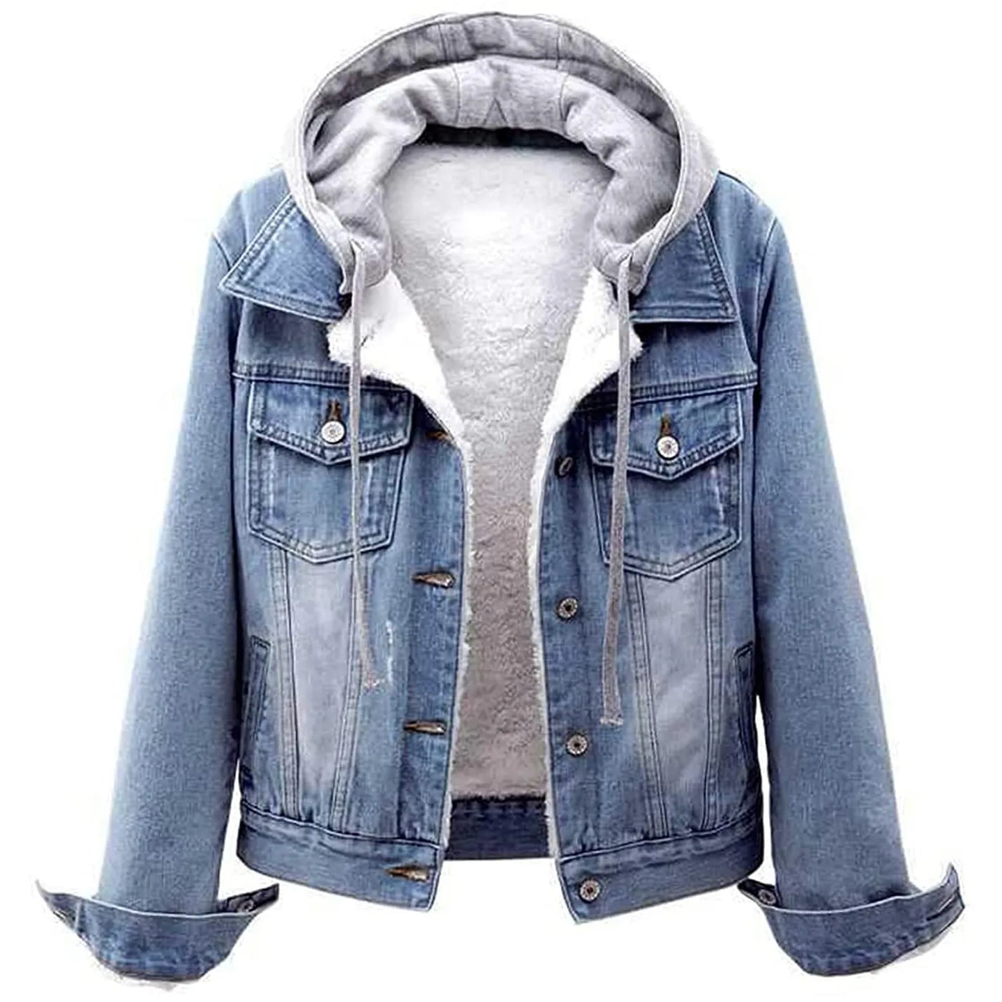 Winter Jacket Women’s Hooded Faux Denim Coats Long Sleeves Detachable Hat Thick Plush Lined Warm Jean Coats Stylish Ladies Coats