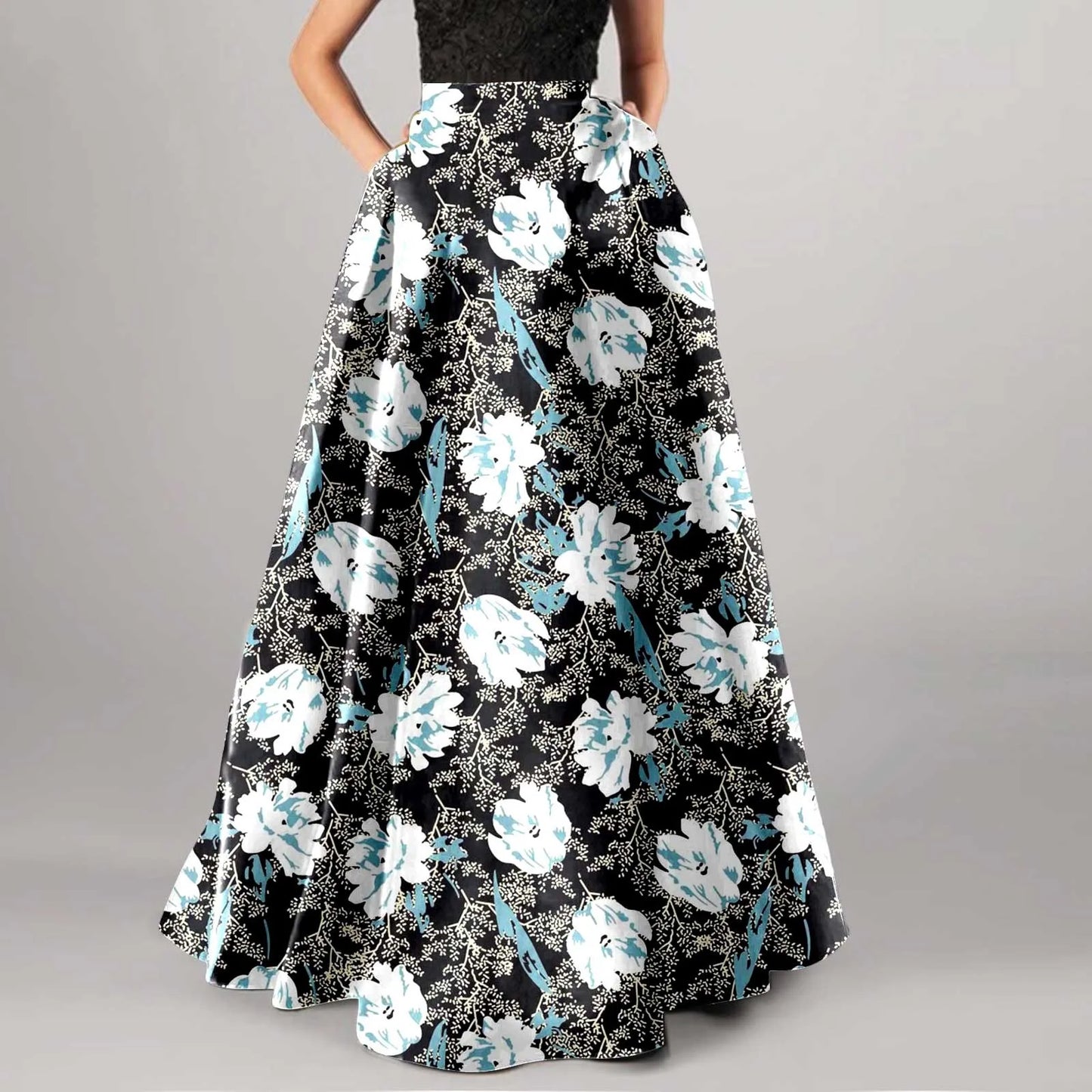Bohemian Skirts For Women High Waisted Beach Maxi Skirt Wth Pockets Boho Floral Print Skirts Summer A Line Flowy Skirt 롱스커트