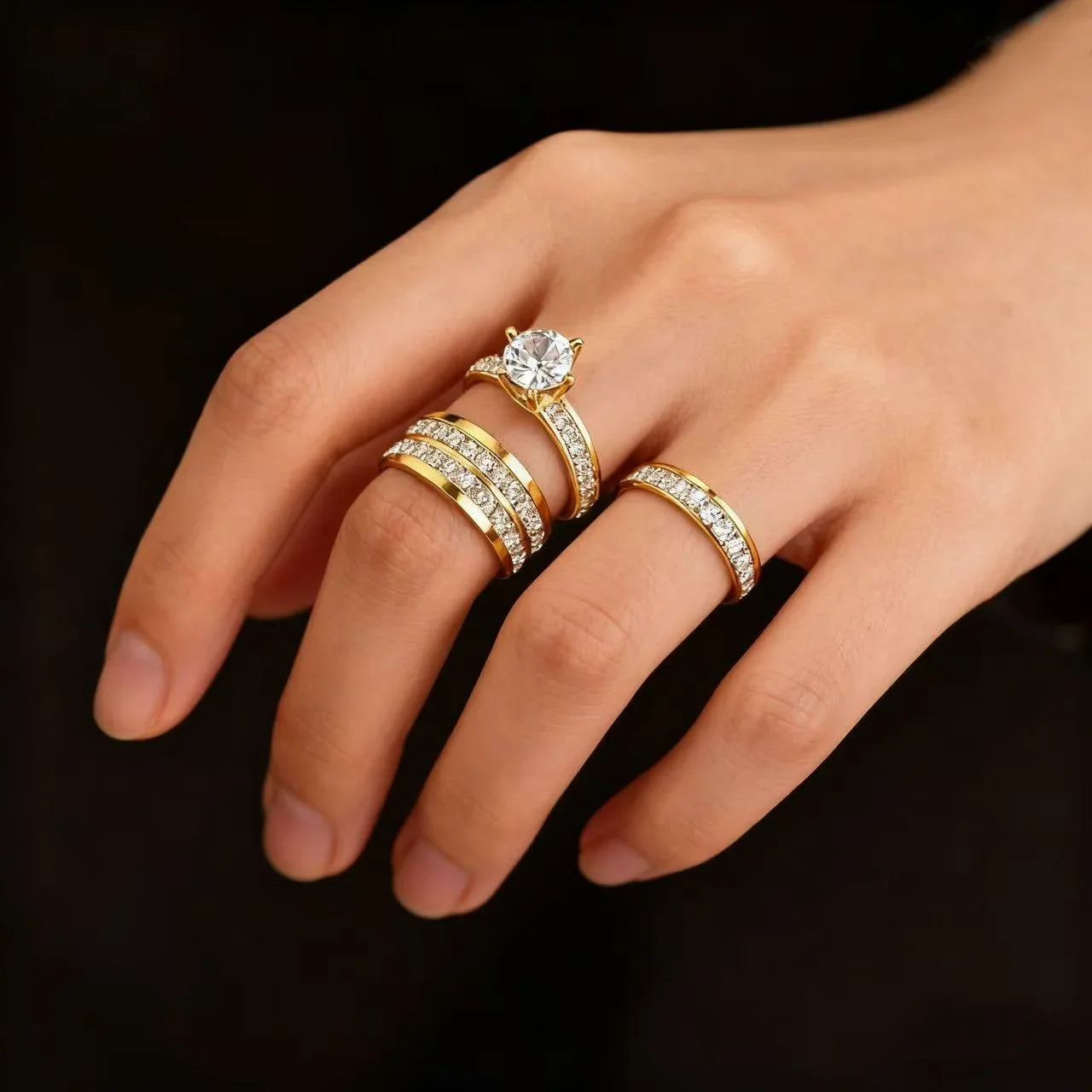 3PCS Set Gold Plated Zirconia (cz) Wedding Engagement Band Stainless