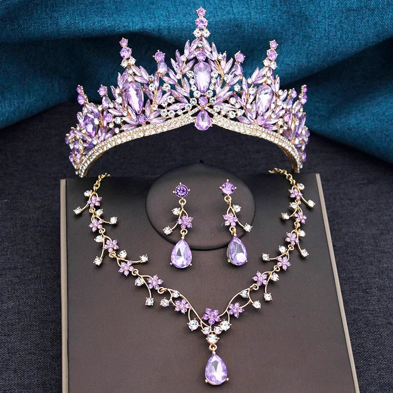 Baroque Wedding Crown for Bride 3-Pack Tiara Earrings Necklace Bridal