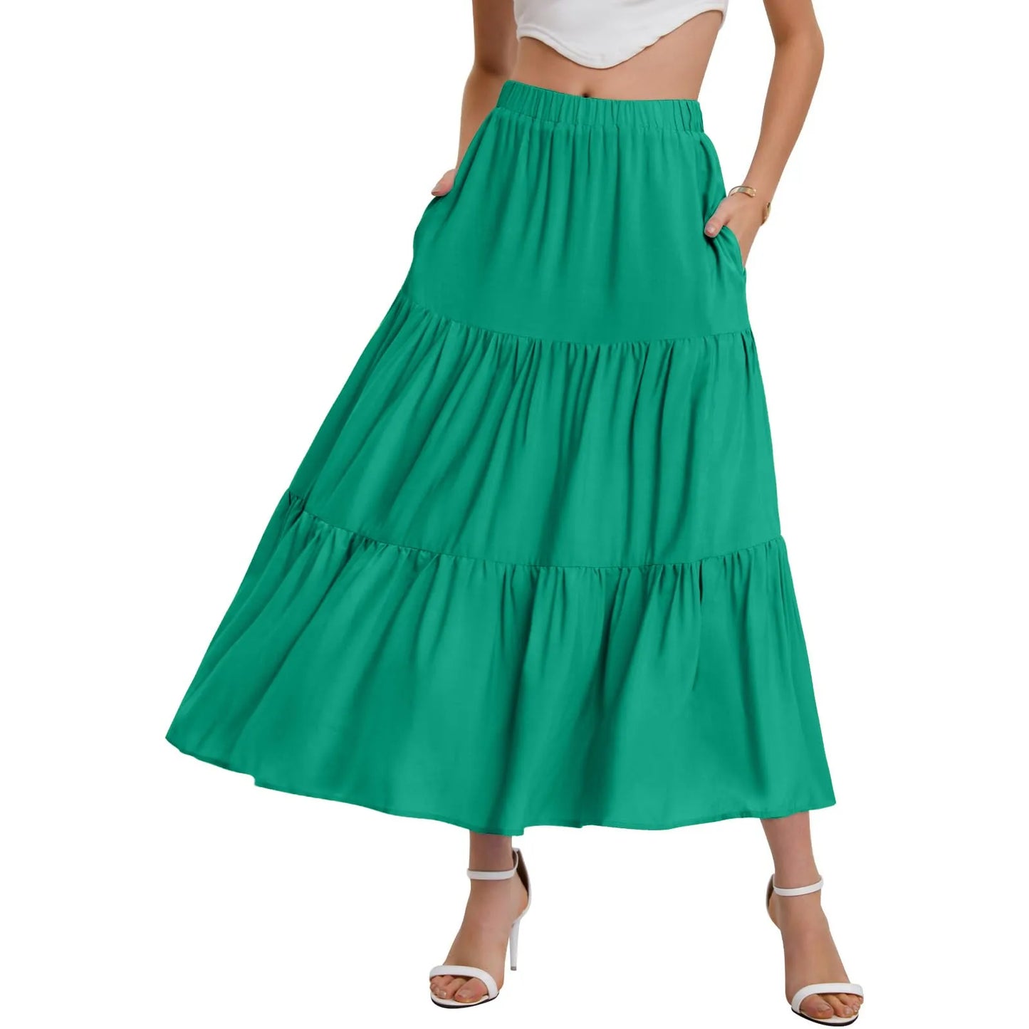 Skirts For Women Summer Bohemian Swing Beach Skirt High Waist A Line Flowy Skirts Pleated Layered Ruffle Hem Flowy A Line Skirt