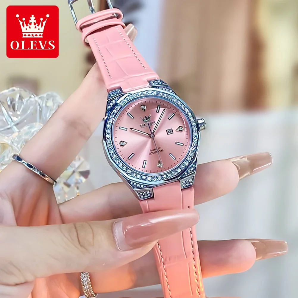 OLEVS Diamond Lap Women's Watches Luxury Original Quartz Watch for Women Fashion Leather Strap Waterproof Girls Dress Wristwatch