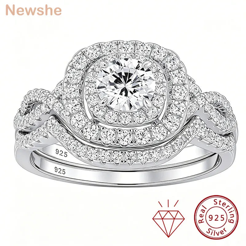 Newshe 2Pcs Halo Round Cut Moissanite Wedding Ring Set for Women Solid 925 Sterling Silver Zircons Luxury Bridal Rings