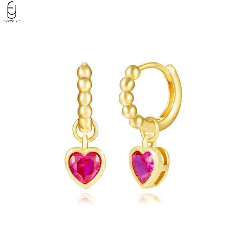 925 Sterling Silver Needle Rose Red Crystal Stud Earrings For Women Water Drop/Heart Pendant Gold Earrings Fashion Jewelry Gifts