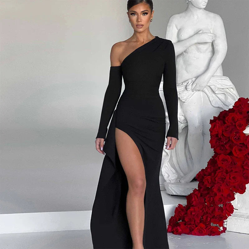 Spring Autumn Women's Sexy One-shoulder Long-sleeved Ball Dress Fashion Solid Color Off-the-shoulder Hip Irregular Slit Dress
