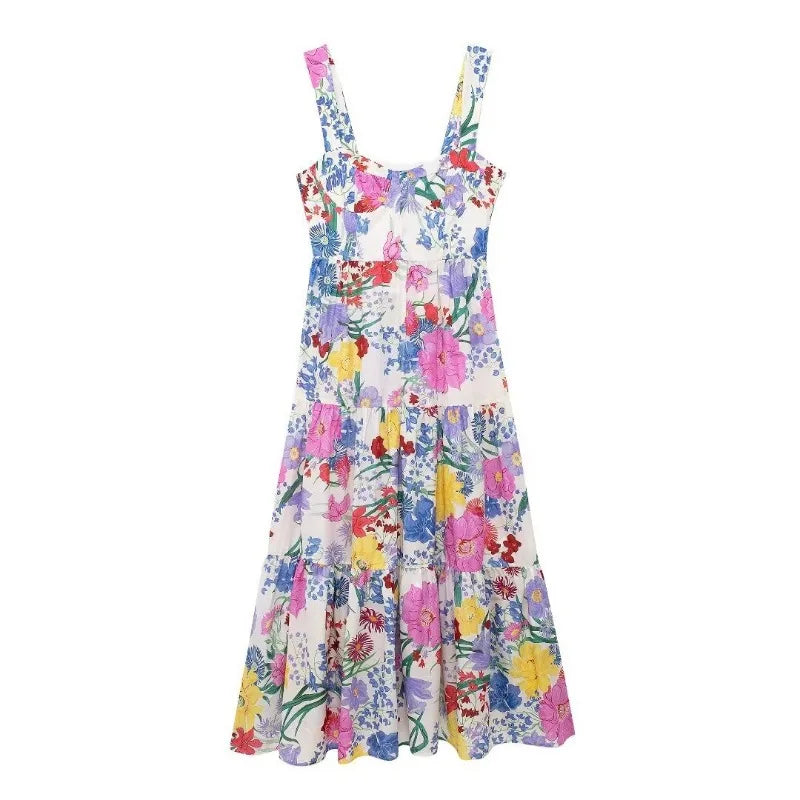 ZBZA Women's Colorful Printed Dress Square Neck Mid Rise Sleeveless Hidden Zip Camisole A-line Long Skirt New Female Chic Dress