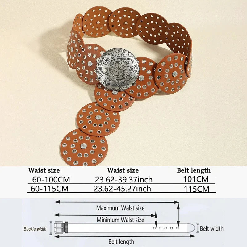 Women's Western Denim Belt High Quality Metal Hollow Ladies Trend Wide Waistband Vintage Personalized Round Belts DT148