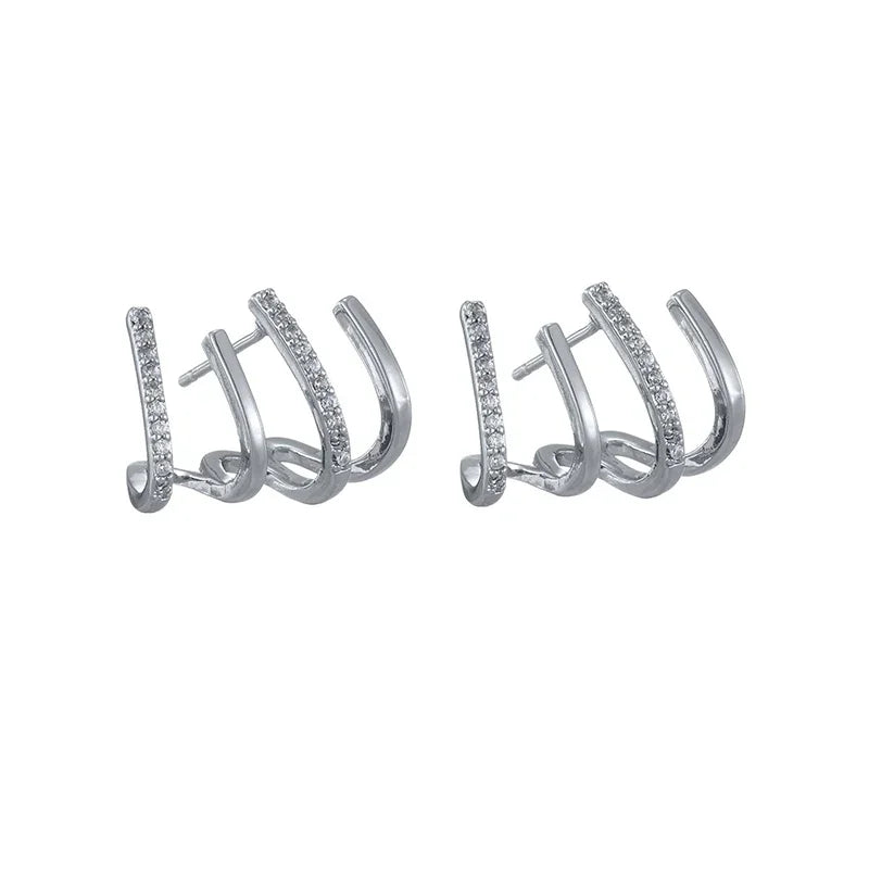 925 Sterling Silver Ear Needle Vintage C Shape Earrings For Women Triple Open Circle Piercing Stud Earrings Fashion Jewelry