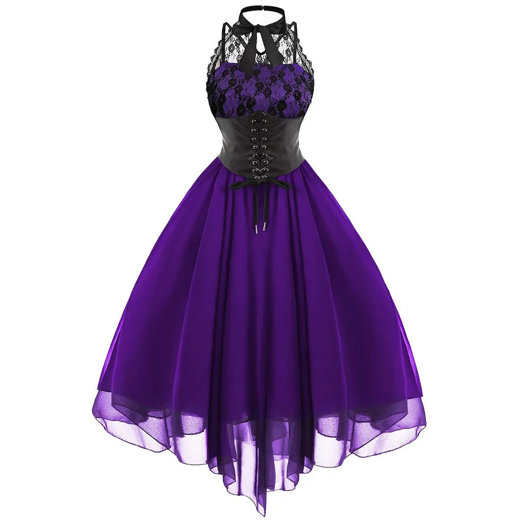 Women Dark Gothic Party Dresses Plus Size Lace Chiffon Patchwork Sleeveless Long Dress Women Elegant Halterneck Punk Dresses