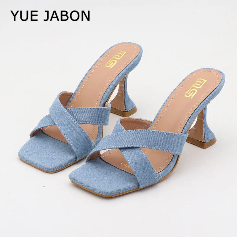 Blue Women's Shoes 2026 Fashion Summer Women's Slippers Square Toe Solid Color Denim Slip On Chunky Heels Casual Shoes Women