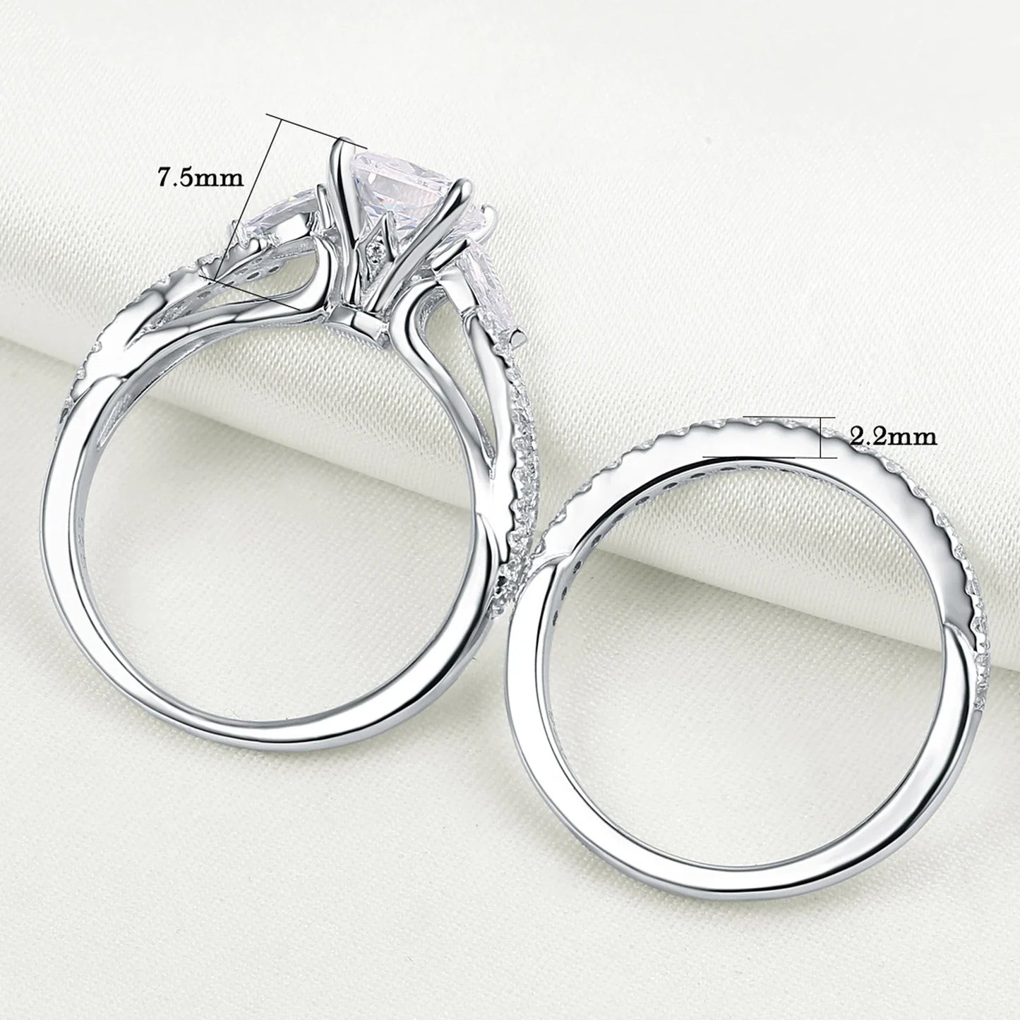 Newshe 2 Pcs Wedding Ring Set 925 Sterling Silver Moissanite Certified Princess Pear Cut Engagement Rings for Women Fine Jewelry