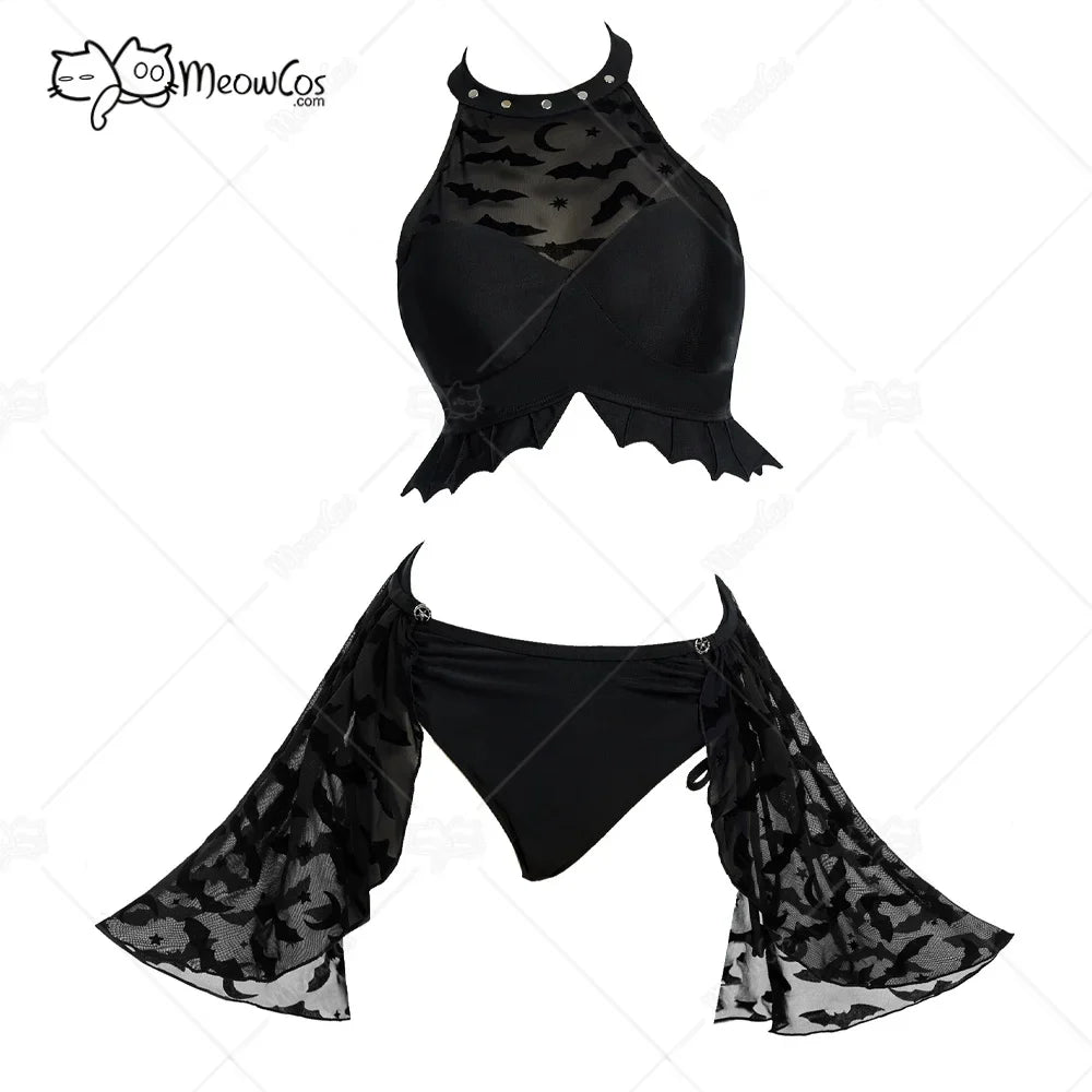 Meowcos Women‘s Nocturnal Waves Gothic Black Bat Two-piece Swimsuit Halter Top Bathing Suit with Detachable Skirt
