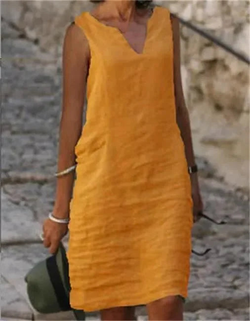 New Pure Color V-Neck Sleeveless Large Size Casual Linen Dress Comfortable Breathable Women's One-Piece Summer Dresses