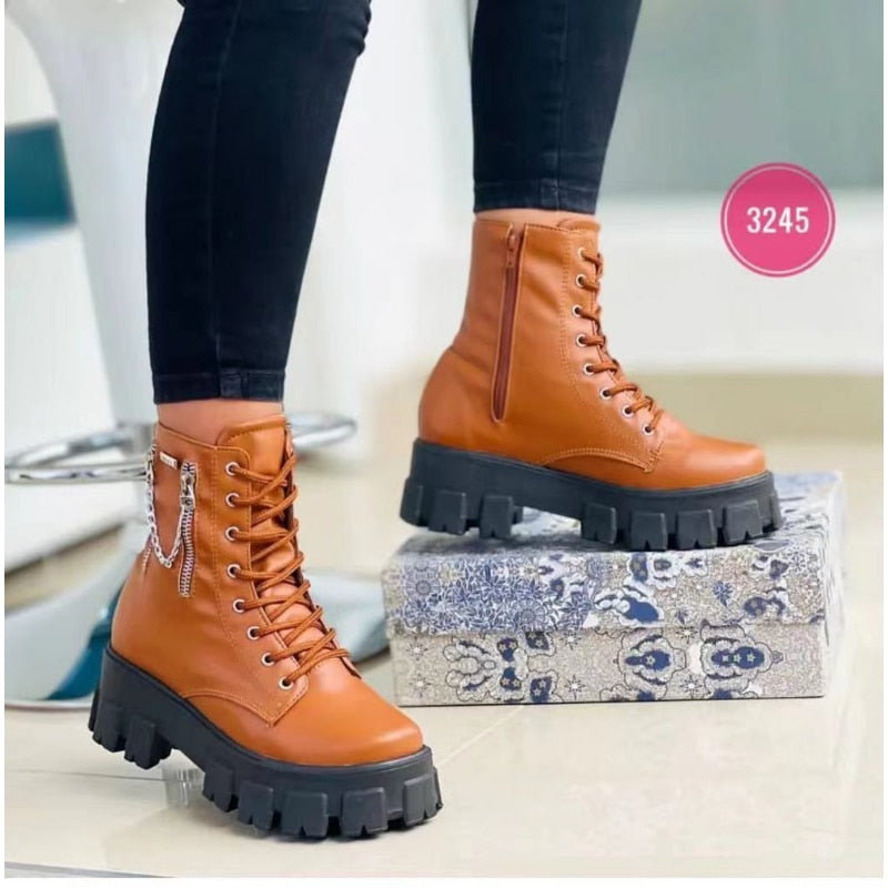 Winter Trend Women's Boots Patent Leather Zipper Warm Punk Gothic Combat Boots Lace Up Sports Casual Thick Sole Biker Boots