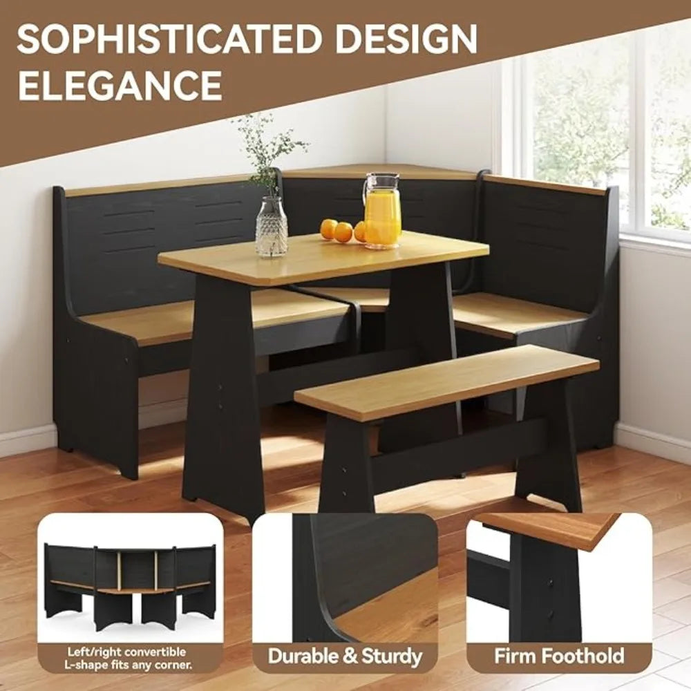 Breakfast Nook Corner Dining Table, Kitchen Bench Chair Set, Reversible L-Shape