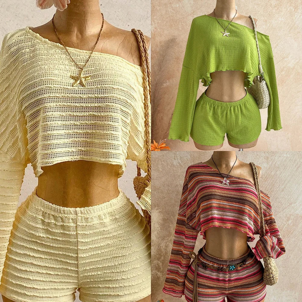 Boho Asymmetrical Off Shoulder Striped Knit Two Piece Set Women Long Sleeve Crop Top High Waist Shorts For Summer Vacation