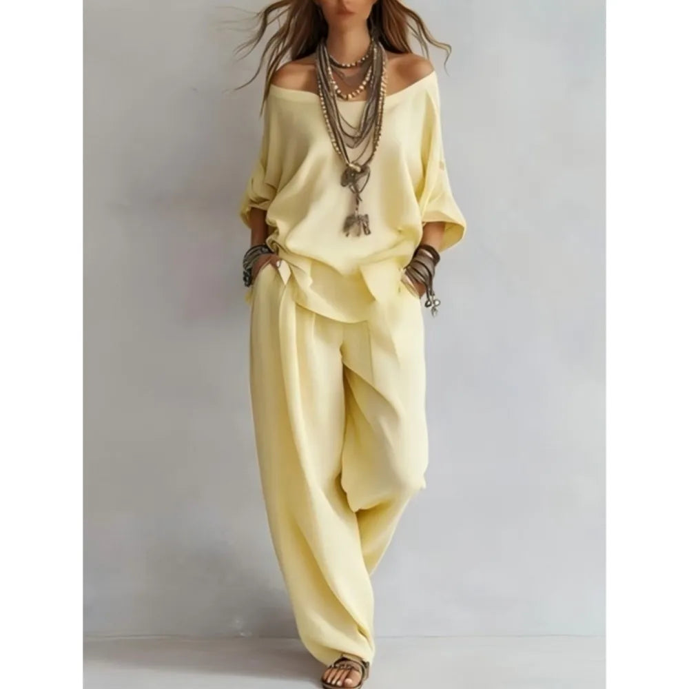 2026Fashion V Neck 7 Button Sleeve Women Top Set 2 Pieces Spring Summer Elegant Loose Fitting Wide Leg Pockets Pants Female Suit