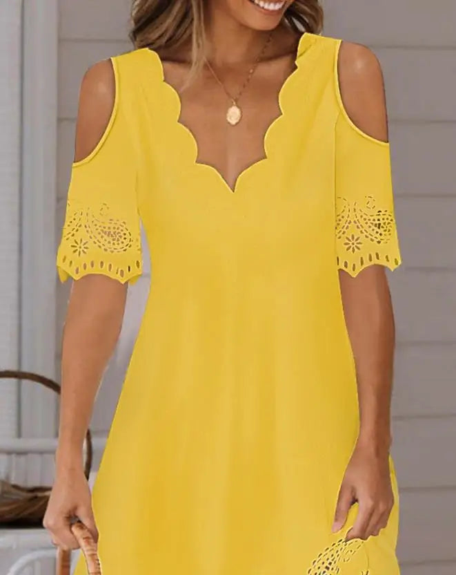 Women Summer Mini Dresses Fashion Women's Clothing Solid Elegant Hollow Out Scallop Trim Cold Shoulder Casual Dress