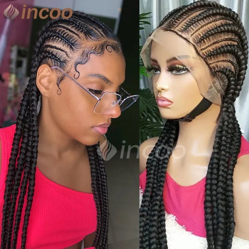 36 Inches Cornrows Braided Wigs Synthetic Full Lace Wig For Black Women Jumbo Braided Wigs Lace Frontal Faux Locs Box Braids Wig