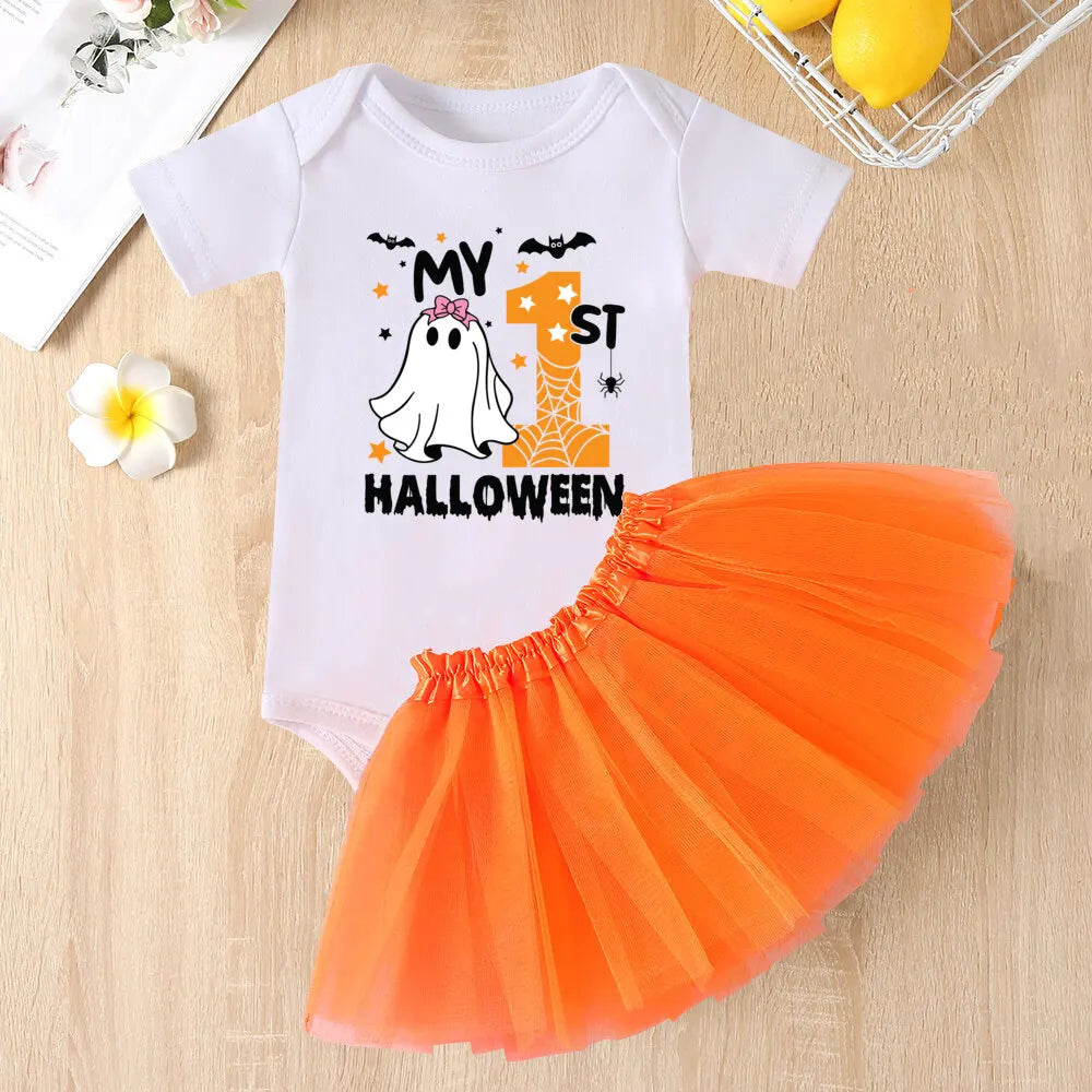 My 1st Halloween Print Baby Bodysuit Dress Set Halloween Party Girl Outfit Dresses Tutu Cake Smash Outfit Infant Baptism Clothes