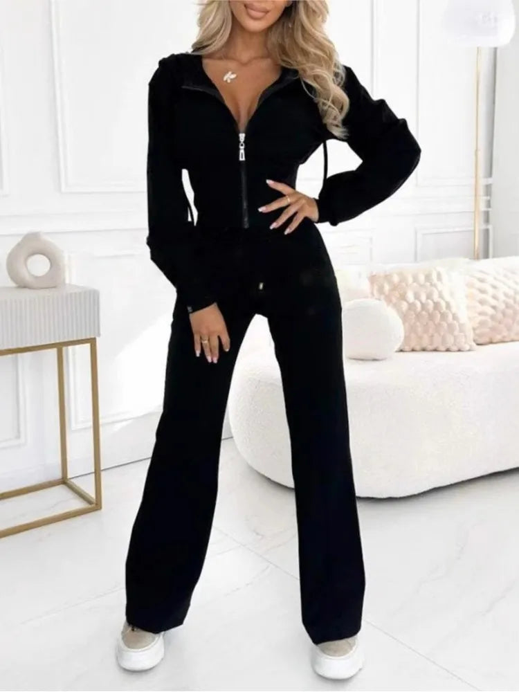 Autumn Winter Hooded Zipper 2 Piece Sweatsuit Women Casual Sets Sweatshirt Jacket With Elastic Waistband & Wide Leg Pants Set