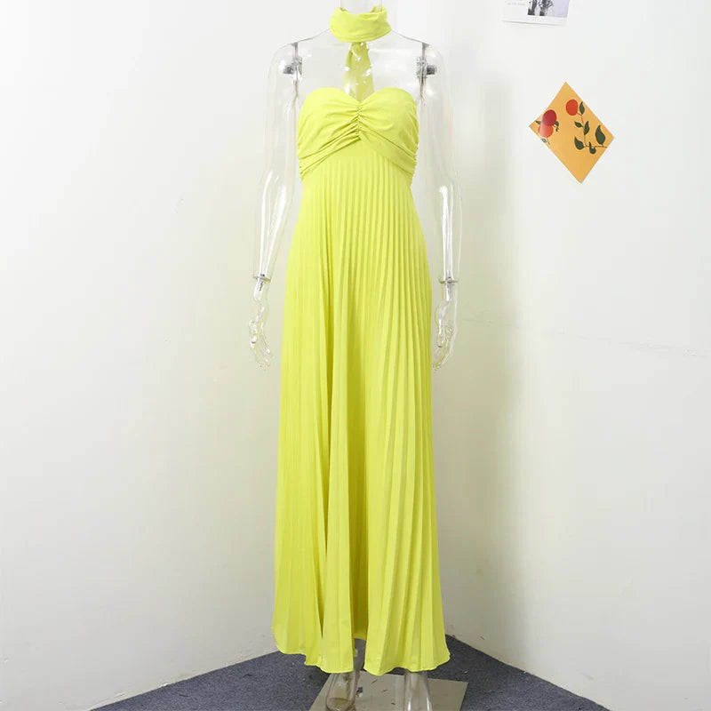Elegant Strapless Ribbon Long Dress Women Sexy Sleeveless Backless Pleated Party Dresses 2024 Summer Lady Sexy Evening Robes New