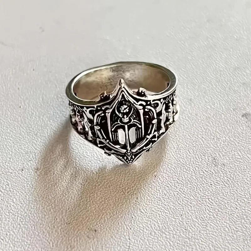 Vintage Antique Silver Gothic Hollow Wide Band Ring Dark Punk Openwork Architecture Carved Finger Ring Retro Hip Hop Biker Aesthetic Statement Jewelry Gift