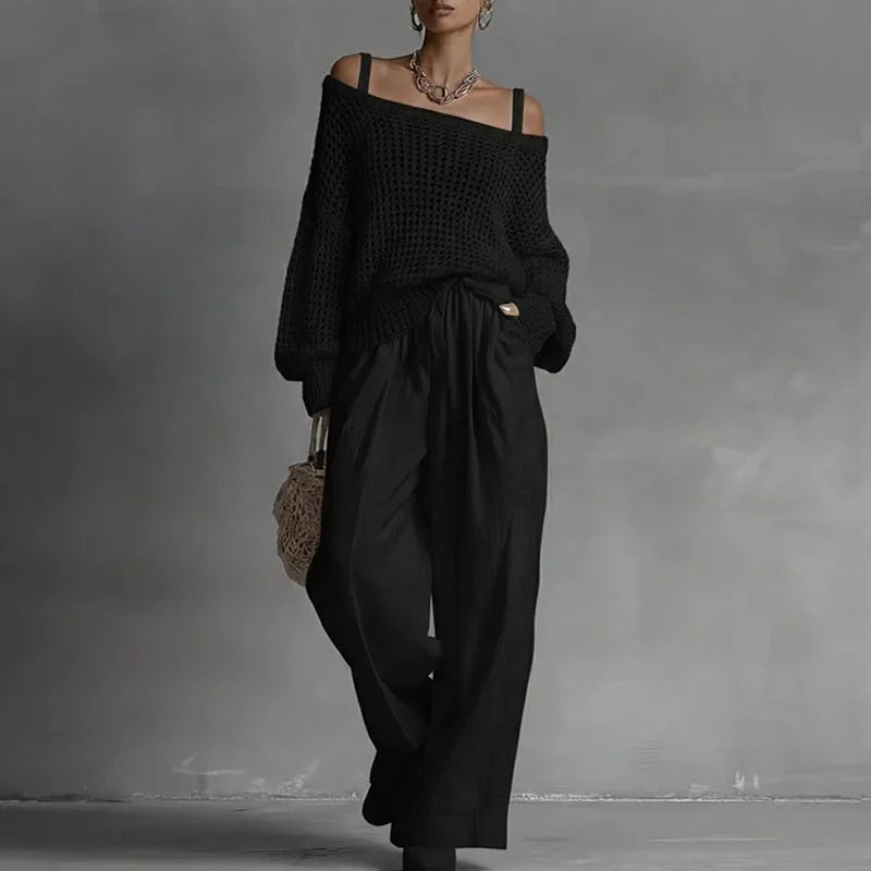 Off Shoulder Hollow Knit Womens 2 Piece Set Long Sleeve High Waist Wide Leg Pants Outfit Casual Loose Summer Beach Vacation Suit