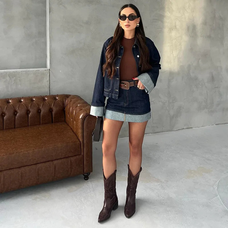 Denim Skirt Women Set Casual Long Sleeve Lapel Pocket Button Jacket Pleated Min Skirts 2025 Spring Summer Lady Suit
