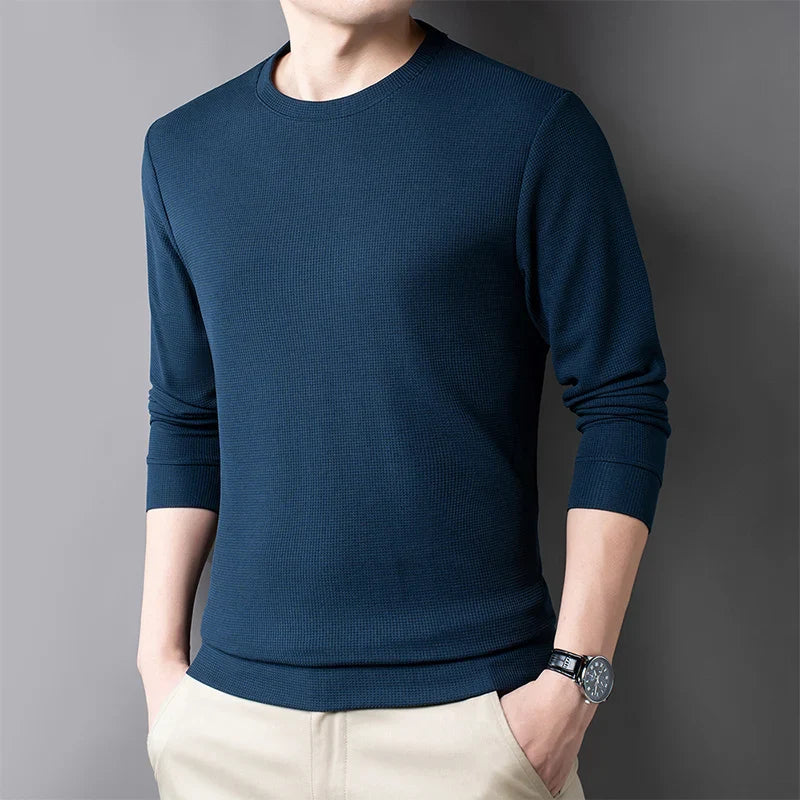 Men Casual Waffle Round Neck T-shirt Breathable, Comfortable, and Fashionable Long Sleeved T-shirt.