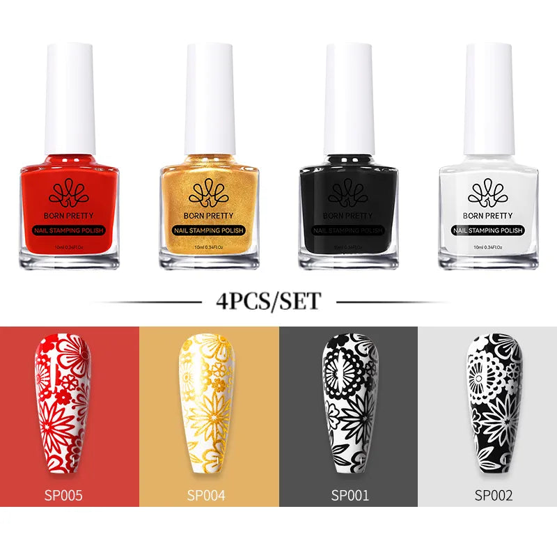 BORN PRETTY 10ml Stamping Nail Polish Set Gold Silver Black White Color Nail Printing Polish DIY for Nail Plate Design Varnish